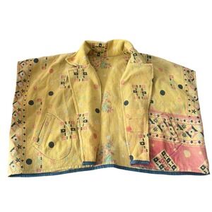 SAPANA Reversible Yellow Cropped Artisan Quilted Jacket Womens 100% Cotton Boho